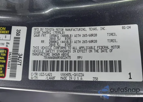 2024 Toyota Sequoia Platinum z USA, uszkodzony, nr VIN 7SVAAABA8RX032475